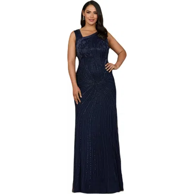 Lara New York Asymmetrical, Beaded Gown In Navy