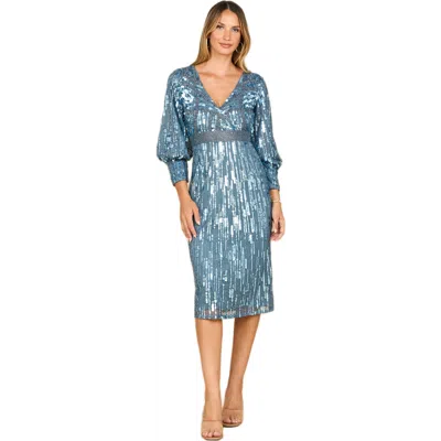 Lara New York Beaded A-line Midi Dress With Long Sleeves In Blue