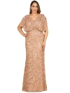 Lara New York Beaded Gown With Draped Cape Sleeves In Rose Gold