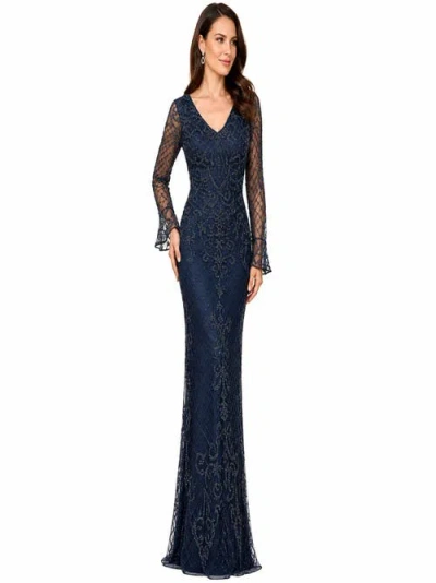 Lara New York Beaded Long Sleeve V-neck Gown In Navy