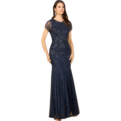 Lara New York Beaded Mermaid Cap Sleeve Gown In Blue