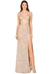 Lara New York Beaded V Neck Dress With Slit In Champagne Silver