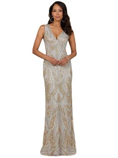 Lara New York Beaded V-neck Gown In Silver/gold