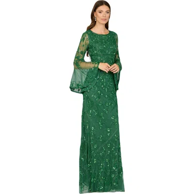Lara New York Bell Sleeved High Neck Beaded Gown In Forestgreen