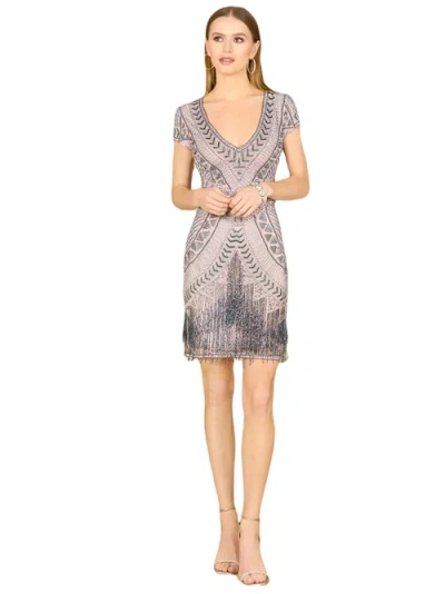 Lara New York Brooklyn Beaded Fitted Short Dress With Open Back In Blush