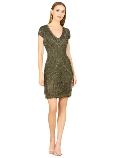 Lara New York Brooklyn Beaded Fitted Short Dress With Open Back In Olive