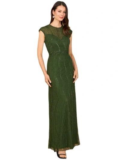 Lara New York Cap Sleeve, Illusion Neck Beaded Gown In Green