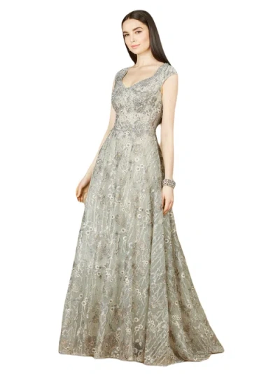 Lara New York Cap Sleeve V-neck Lace A-line Gown In Slate