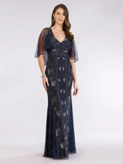 Lara New York Cape Sleeve Beaded Gown In Navy