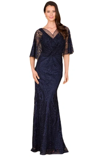 Lara New York Cape Sleeve Mermaid Gown In Navy