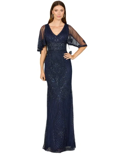 Lara New York Cape Sleeve V-neck Beaded Gown In Navy