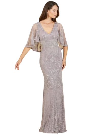 Lara New York Cape Sleeve V-neck Beaded Gown In Purple