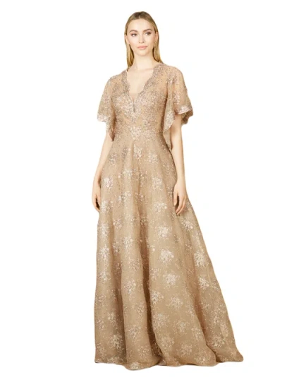 Lara New York Cape Sleeve V-neck Gown In Stone
