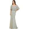 Lara New York Cape Sleeve V-neck Gown With Geometric Beading In Green