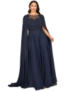 Lara New York Chiffon A-line Long Gown With Long Cape Sleeves In Blue