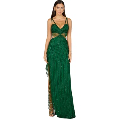 Lara New York Cutout Beaded Gown With Fringes In Emerald
