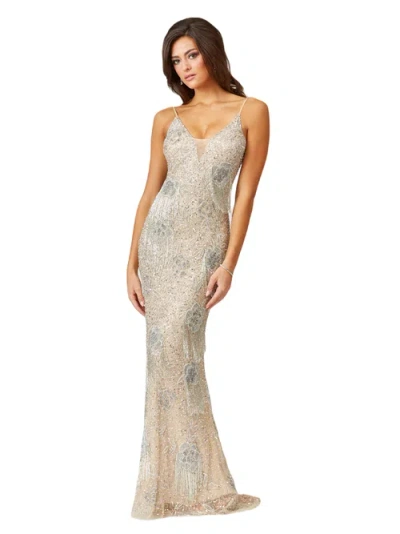 Lara New York Danika Floral Beaded Sheath Beaded Dress With Beaded Fringe In Nudesilver
