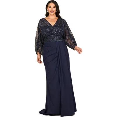 Lara New York Draped Skirt Gown With Cape Sleeves In Blue