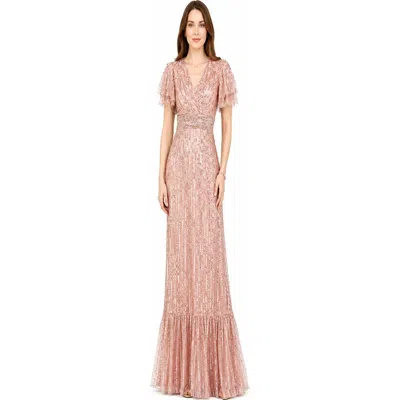 Lara New York Elegant Beaded Gown With Flutter Sleeves In Rose