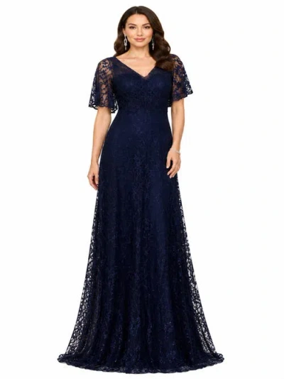 Lara New York Elegant Cape Sleeve A-line Gown In Blue