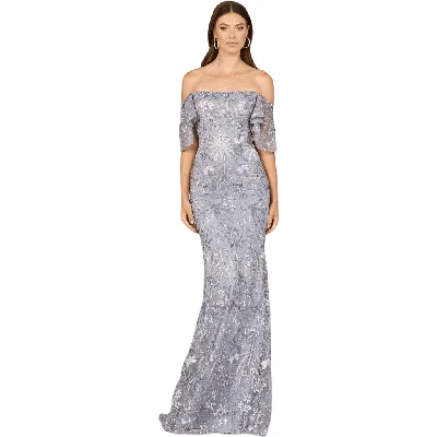 Lara New York Elegant Off Shoulder Embellished Gown In Slatemulti