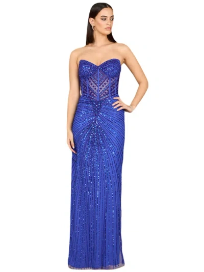 Lara New York Embellished Strapless Gown With Slit In Blue