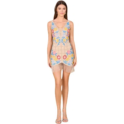 Lara New York Floral Beaded Cocktail Fringe Dress In Nude/multi
