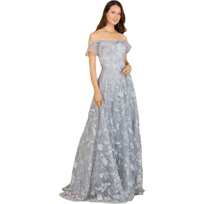 Lara New York Flutter Off Shoulder Lace Gown In Slate