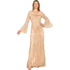 Lara New York High Neck Beaded Dress With Bell Sleeves In Gold