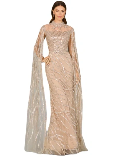 Lara New York High Neck Gown With Long Cape Sleeves In Nude