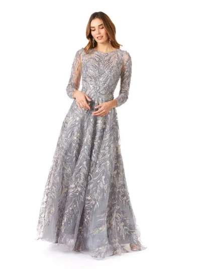 Lara New York High Neck, Long Sleeve Ball Gown In Steelblue