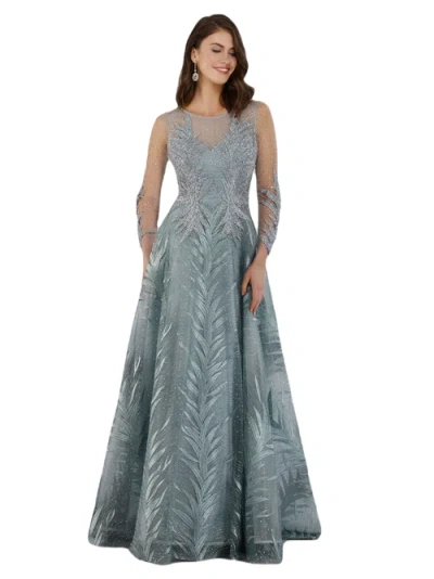 Lara New York High Neck Sheer Long Sleeve Embellished Gown In Seagreen