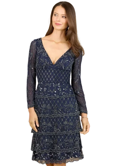 Lara New York Knee Length, Long Sleeve Cocktail Dress In Blue