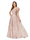 Lara New York Lace Ballgown With Feather Cap Sleeves In Blush