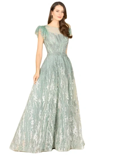 Lara New York Lace Ballgown With Feather Cap Sleeves In Sage