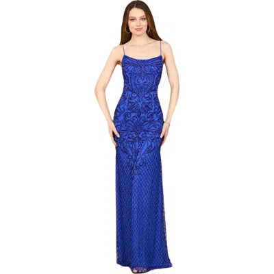 Lara New York Lace Up Open Back Beaded Dress In Blue
