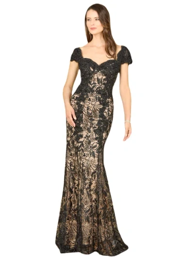Lara New York Long Bell Sleeve V-neck Beaded Gown In Blacknude