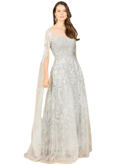 Lara New York Long Bell Sleeve V-neck Beaded Gown In Mist