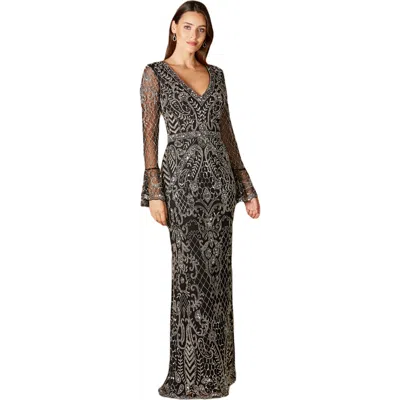 Lara New York Long Bell Sleeve V-neck Beaded Gown In Black