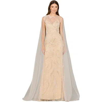Lara New York Long Cape Beaded Gown In Champagneivory