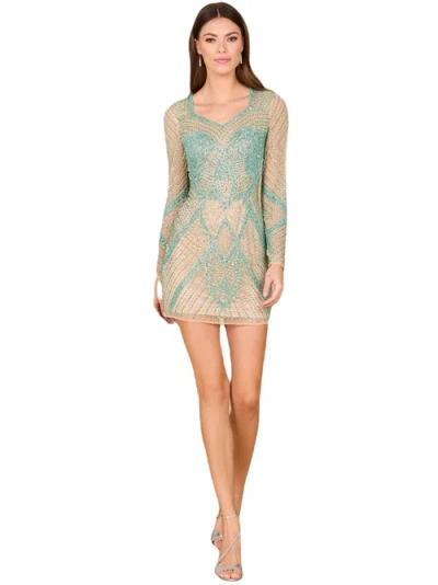 Lara New York Long Sleeve Beaded Cocktail Dress In Nudeseagreen