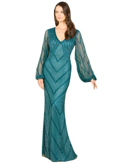 Lara New York Long Sleeve Beaded Dress With Sheer Sleeves In Teal