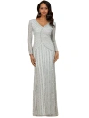 Lara New York Long Sleeve Beaded Gown In Silver
