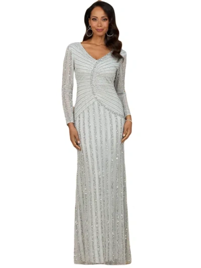 Lara New York Long Sleeve Beaded Gown In Silver
