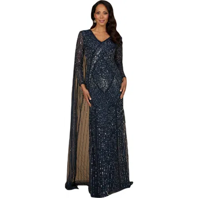 Lara New York Long Sleeve Beaded Gown With Cape In Navy