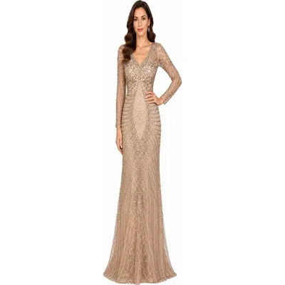 Lara New York Long Sleeve Beaded Maxi Gown In Nude