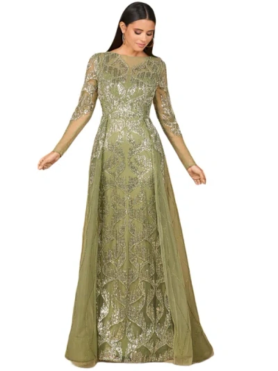 Lara New York Long Sleeve Gown With Overskirt & High Neck In Green
