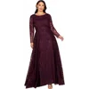 Lara New York Long Sleeve Gown With Overskirt & Illusion Neckline In Burgundy