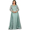 Lara New York Long Sleeve Gown With Overskirt & Illusion Neckline In Green