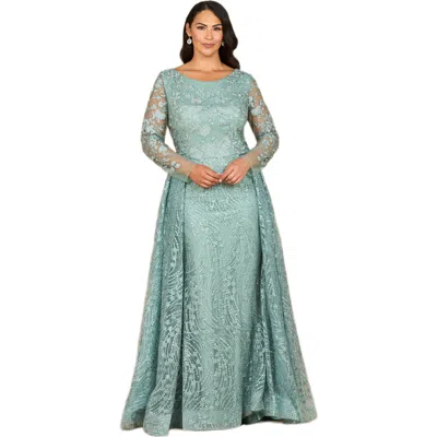 Lara New York Long Sleeve Gown With Overskirt & Illusion Neckline In Green